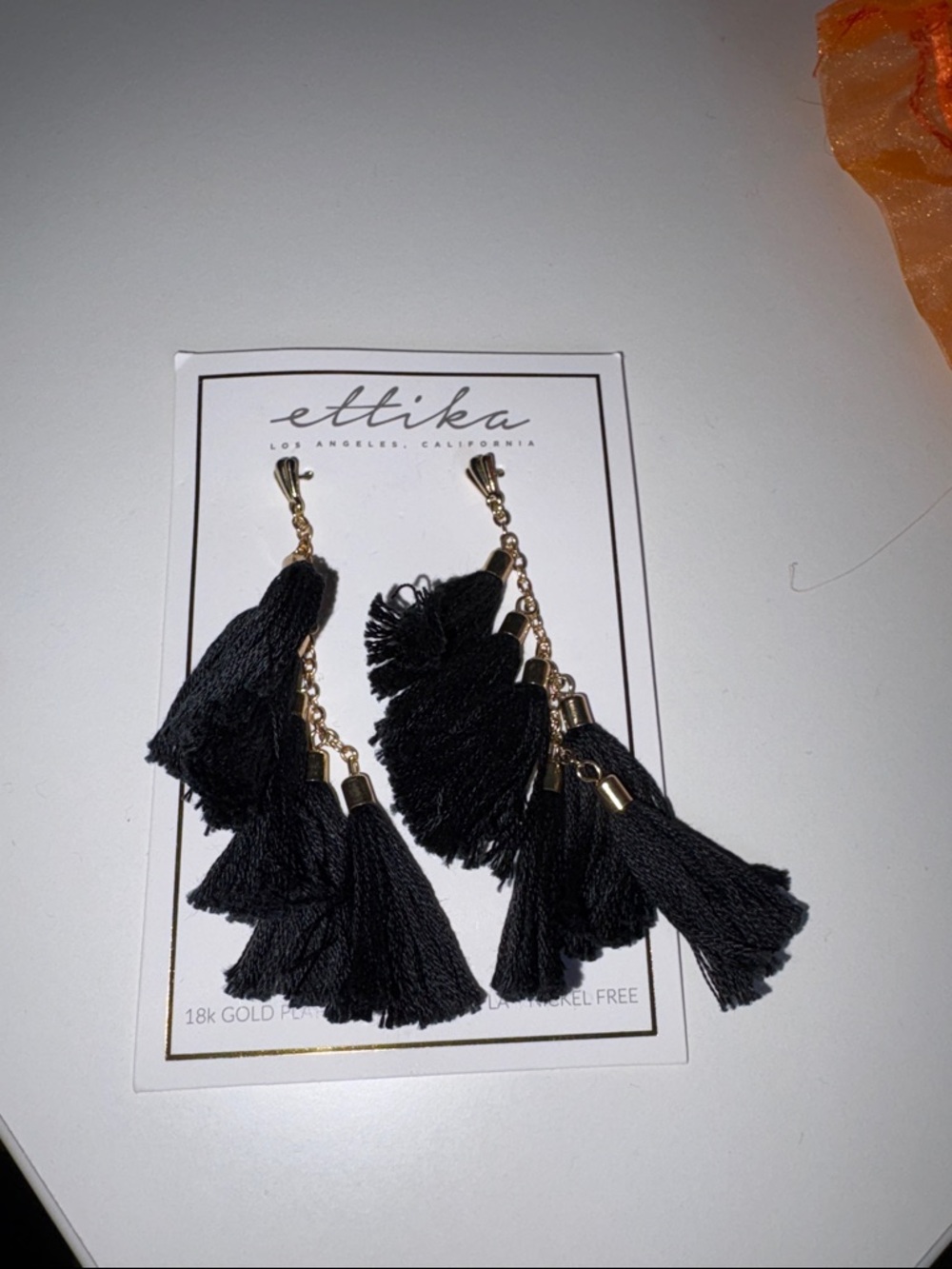 ettika Black Multi-Tassel Drop Earrings with Gold Chain